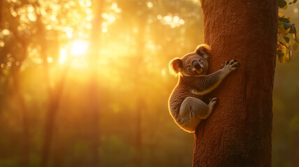 Koala clinging to tree trunk in golden sunlight, peaceful forest morning atmosphere