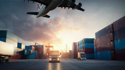 A cargo truck and airplane flying over a container yard, representing the connection between land and air transport in the logistics industry, highlights fleet management and infrastructure - Powered by Adobe