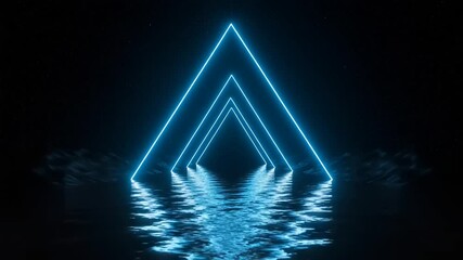 Glowing blue neon triangles create a futuristic tunnel reflected on a rippling dark water surface evocative of technology - Powered by Adobe