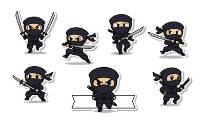 Set of Seven Black Chibi Ninjas with Swords