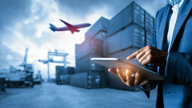 A businessman in a blue suit using a tablet on a transportation background, symbolizing innovation in logistics and fleet management, focus on the digital future of the industry