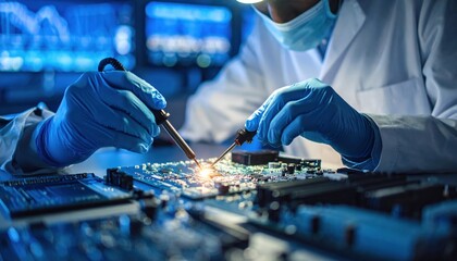 Technician Soldering Circuit Board In Dark Lab