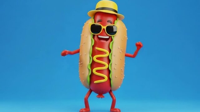 Animated cool hot dog character wearing sunglasses and hat on a vibrant blue background dancing 4K Ai HD video.
 - Powered by Adobe
