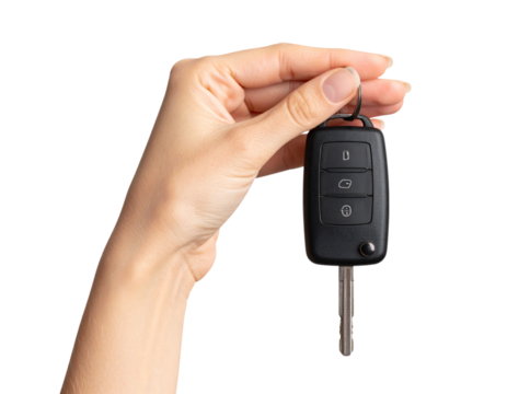 Hand Holding a Car Key Upright, Pinched Between Fingers, Isolated on Transparent Background PNG