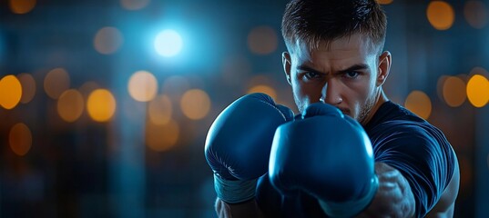 Intense Male Boxer in Defensive Stance, Focused and Determined, Preparing for Gym Training Session