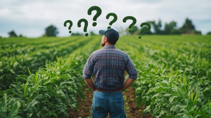 Pensive male farmer pondering decisions in a lush green field.