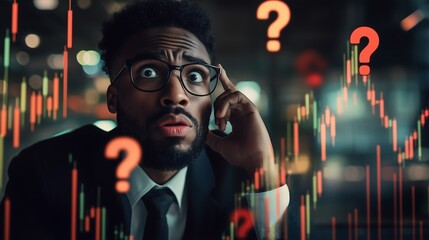 Concerned black male trader in a suit pondering over confusing financial graphs with question marks around.