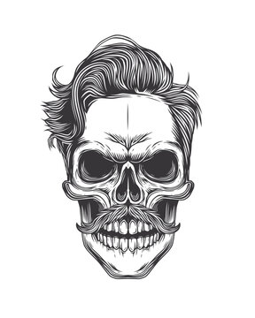 Hipster skull with fashionable hairstyle. Original vector illustration in vintage style. Perfect for t-shirt prints, posters, tattoos, gothic designs or Halloween themes.