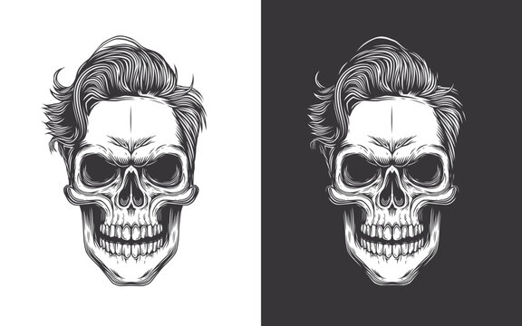 Hipster skull with fashionable hairstyle. Original vector illustration in vintage style. Perfect for t-shirt prints, posters, tattoos, gothic designs or Halloween themes.