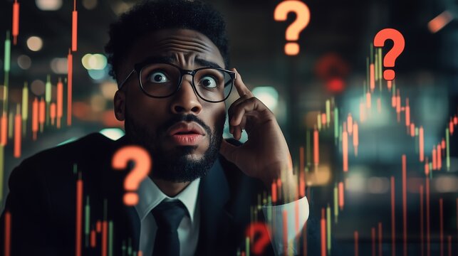 Concerned black male trader in a suit pondering over confusing financial graphs with question marks around.