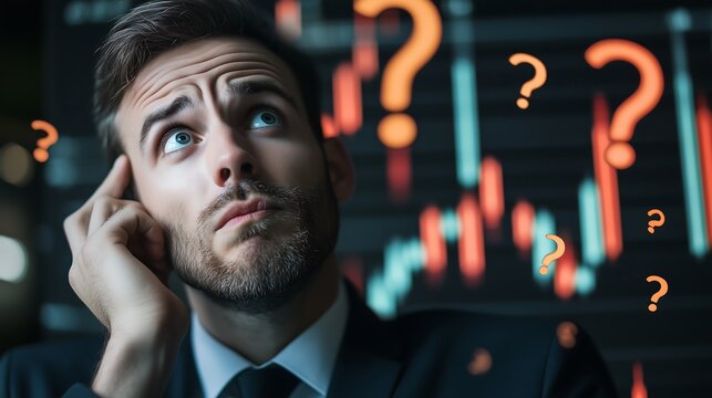 Thoughtful Caucasian trader, businessman, broker, pondering stock market trends and uncertainties in a professional setting. Evoking the fud concept.