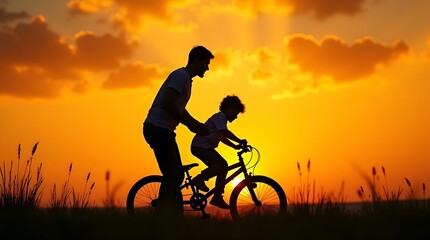 Father Teaching Son to Ride a Bike at Sunset