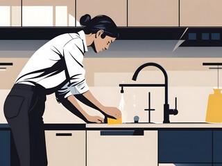 Woman Washing Dishes in Evening Light