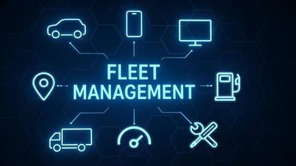 A sleek digital design with fleet management text at the center surrounded by minimalistic icons emphasizing innovation and connectivity - Powered by Adobe
