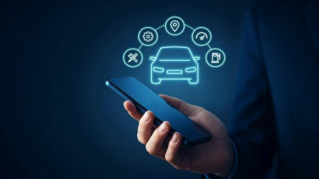 A hand holding a smartphone surrounded by digital icons symbolizing innovation in automotive technology and high tech services in fleet management