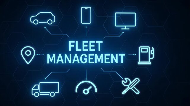 A sleek digital design with fleet management text at the center surrounded by minimalistic icons emphasizing innovation and connectivity