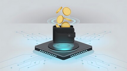 Digital wallet with gold coins and circuit board cryptocurrency