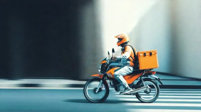 Delivery Rider on Motorcycle: A delivery rider speeds along a city street, carrying a large orange delivery box on their motorcycle.