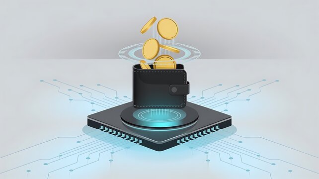 Digital wallet with gold coins and circuit board cryptocurrency