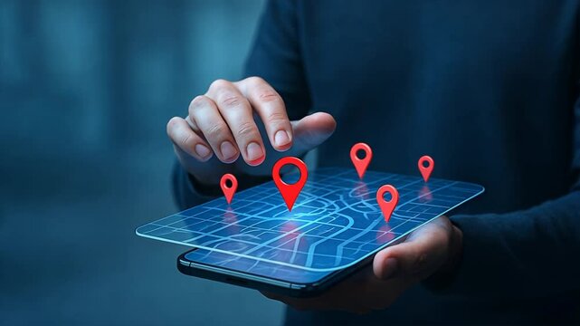 A person interacting with a transparent futuristic map on a smartphone screen with red location pins, the focus is on fleet management and the coordination of logistics operations