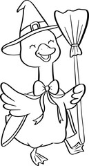 Witch goose holding a broom Line Art