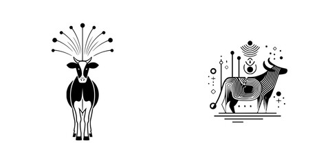 Vector art of two stylized cow silhouettes featuring unique designs and patterns in a minimalist style