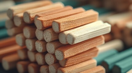 Rows of neatly arranged wooden matches stacked in a symmetrical crisscross pattern showcasing the uniform texture and clean surface with ample copy space above