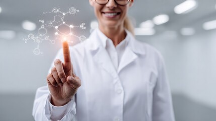 Scientist and molecular Model: A smiling scientist, immersed in her research, touches a holographic molecular model, indicating the integration of science and technology. Showcasing innovation.