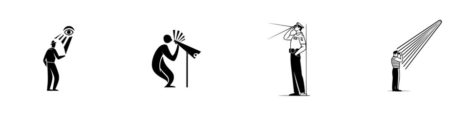 Obraz premium Silhouette pictogram icons showing various characters engaging in activities of observation and surveying from different perspectives