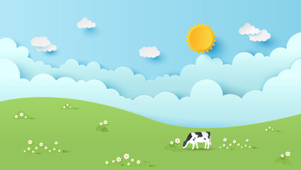 Vector illustration of landscape scenery with green hills and cloud sky on a sunny day. Green landscape with blue sky. Paper cut and craft style illustration