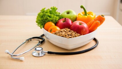 Healthy lifestyle concept with fresh fruits vegetables and cereal with stethoscope