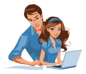 Young Couple Working Together on a Laptop in a Cartoon Style
