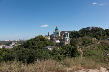 Fototapeta premium Ukraine Kyiv city view on a cloudy spring day