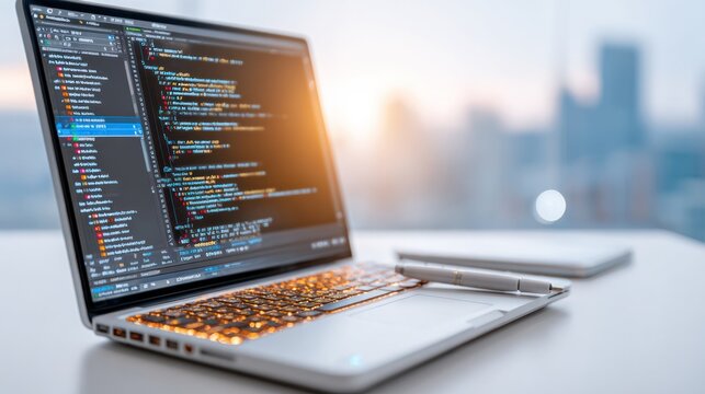 Digital Craftsmanship: A laptop illuminates, displaying lines of code against a backdrop of a blurred city.