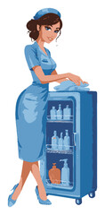 Cartoon Style Female Character Posing Next to a Refrigerator