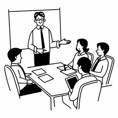 Skilled 30s caucasian leader in eyeglasses coaching interested business people, giving educational workshop presentation in office. Concentrated employees listening to professional coach at workshop.