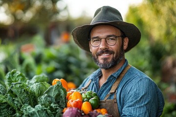 Happy farmer holding fresh organic vegetables. Perfect for food, farm, and healthy lifestyle advertising. Ideal for websites, blogs, and social media.
