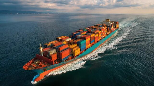 Container Ship at Sea: A large container ship sails across a vast ocean under a dramatic sky, showcasing international trade and global connectivity.