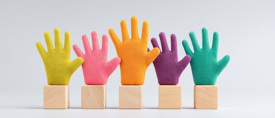 Colorful hand models on wooden blocks creative workshop display studio setting playful atmosphere close-up view artistic expression