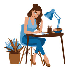 Young Woman Working at Desk with Lamp and Plants in Cartoon Style