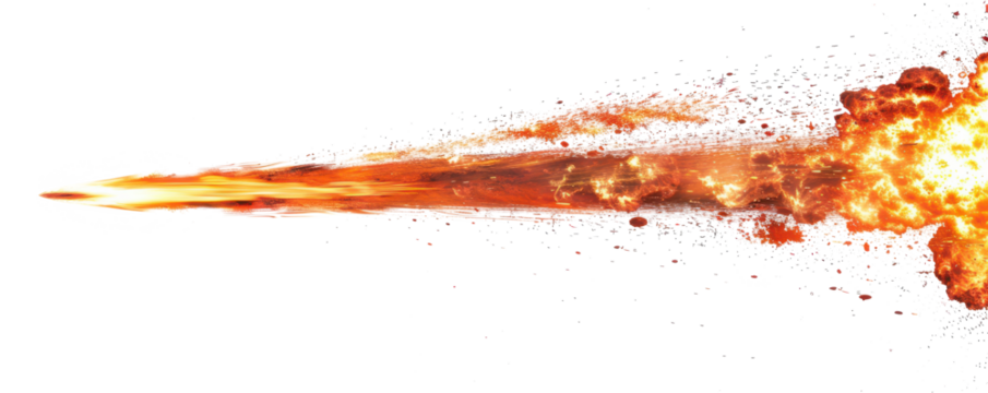 fiery bullet rocket shot with fire explosion trail isolated on white or transparent png