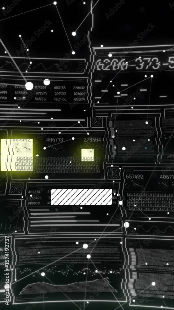 Poster animation of futuristic digital interface with data graphs over dark background