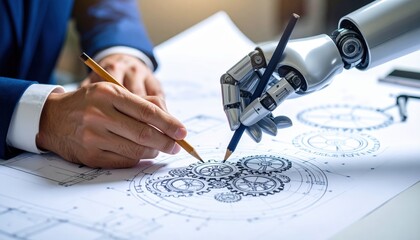 Businessman Collaborating With Robot On Engineering Plans