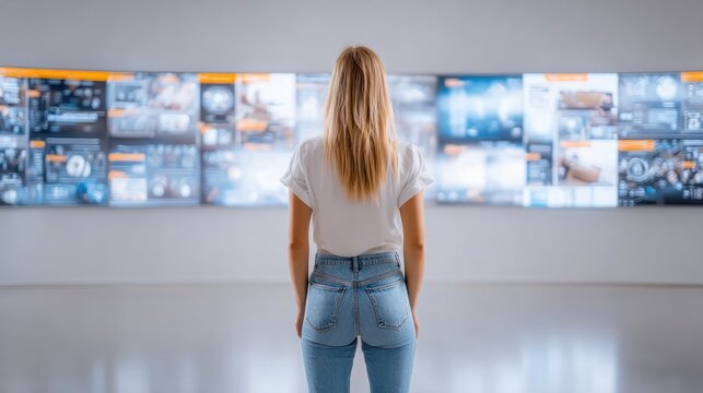 Data Insight: A woman stands before a bank of screens displaying various data points, contemplating the information presented.