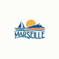 Naklejka premium Creative Marseille vector with custom lettering, sailboat and city on hill. Sunset coastal concept