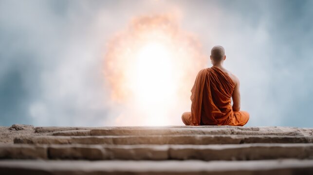 Inner Peace Ascending: A solitary figure, draped in saffron robes, sits in tranquil meditation atop stone steps, the radiant light of enlightenment washing over them.