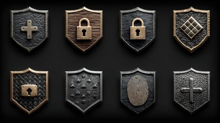 Cyber ​​security badge icon with shield, lock and fingerprint elements, in a smooth metal texture design, compatible with dark mode,