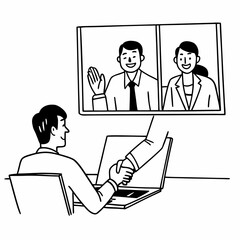 Smiling businessman shaking client hand, closing successful deal, sitting at table with laptop in office, satisfied hr manager hiring new employee, business partners handshaking at meeting