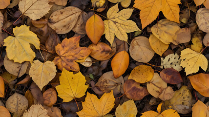 An overhead shot of fallen autumn leaves in varying shades of yellow, orange, and brown covering the ground.