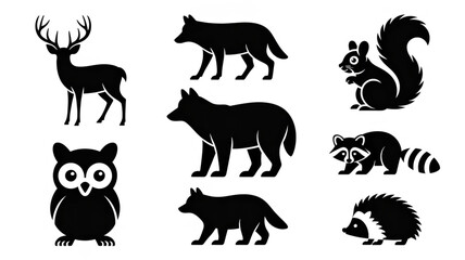 Fototapeta premium A set of black silhouette illustrations of woodland animals arranged on a white background.